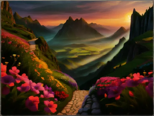 fantasy landscape,landscape background,mountain landscape,mountainous landscape,hiking path,mountain scene,pathway,mountain road,purple landscape,the mystical path,mountainside,small landscape,mountain slope,world digital painting,valley,high landscape,nature landscape,salt meadow landscape,dusk background,ravine