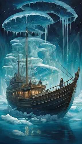 Transport the reader to a fantastical realm where the ice on the aft water possesses magical properties, providing a source of power or granting wishes.,ice planet,ice boat,maelstrom,ice floe,viking s