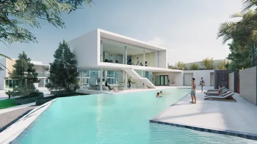 modern house,pool house,holiday villa,3d rendering,swimming pool,luxury property,render,dunes house,modern architecture,outdoor pool,infinity swimming pool,roof top pool,cubic house,dug-out pool,luxur