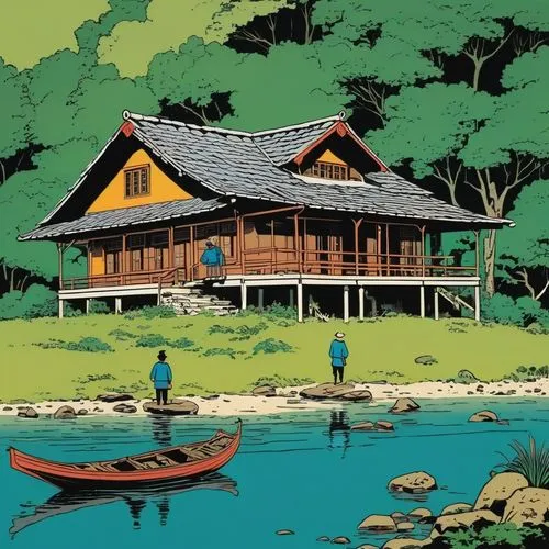 house with lake,house by the water,floating huts,kinkakuji,boathouse,ryokan,summer cottage,kyoto,kampung,takahata,fisherman's house,nakashima,yamatai,ukiyoe,shambhala,urakami,suyama,studio ghibli,dargaud,tsushima,Illustration,Vector,Vector 11