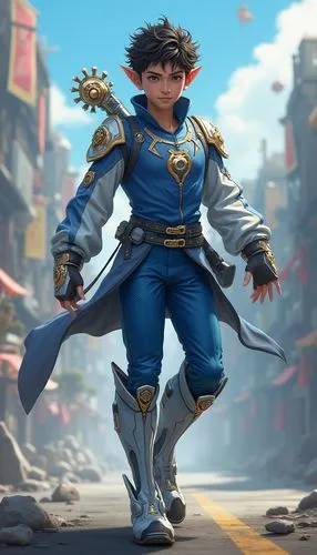 Full-body character design of a young man with curly hair, pointed ears, and a sly smile. Wears a futuristic courier outfit in shades of blue and silver, with wings on his boots and helmet. Carries a 