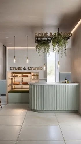 The Crust & Crumb bakery is distinguished by its modern and cozy atmosphere. The ceilings and walls are covered with sand-colored polished concrete, providing a warm and natural atmosphere to the spac