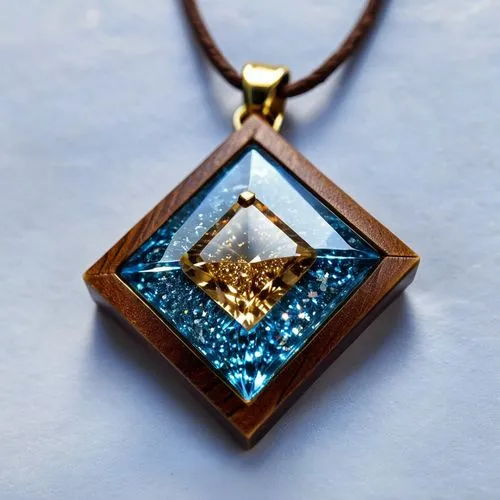 criar pingente em formato de losango, feito de resina e madeira, cordão de couro marrom, brilhos cintilantes dentro, cores ouro e azul,a small brown necklace with blue and yellow designs,diamond penda