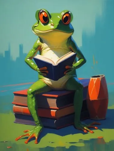 book reading frog, dholak beside him.,a painting of a frog reading a book while sitting on the floor,frog background,erkek,lectura,reading owl,pepe,frog,Conceptual Art,Fantasy,Fantasy 19