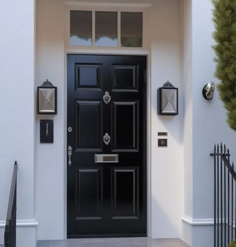 a classical door with polished chrome accessories and a glossy black finish and a silver door knob at the center


,this is an image of a home entrance,house entrance,door trim,exterior decoration,fro