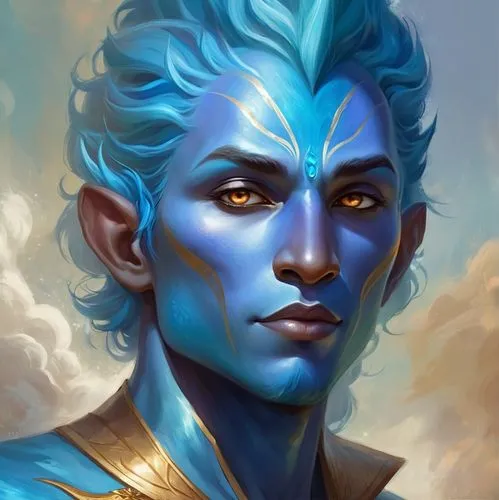 A blue-skinned water genasi male,male elf,fantasy portrait,lokportrait,avatar,blue painting,poseidon god face,blue enchantress,merfolk,sea god,kadala,violet head elf,blu,male character,custom portrait