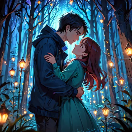 twiliight,fairy tale,a fairy tale,romantic scene,fairytale,fireflies,tangled,twilight,fairytales,enchanted forest,fairy tales,lights serenade,fairy lights,cg artwork,first kiss,enchanted,fairy tale icons,forest background,fantasy picture,falling stars