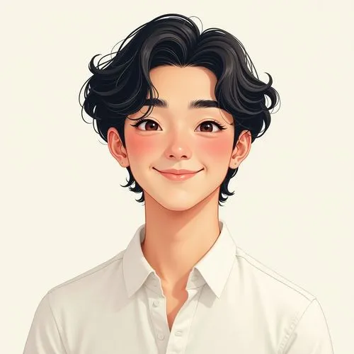 Illustration of a smiling young man with dark wavy hair and a white shirt in a cheerful, slightly ethereal portrait.,an anime character with curly hair wearing a shirt,chiwoong,dongjin,injong,kibum,yu