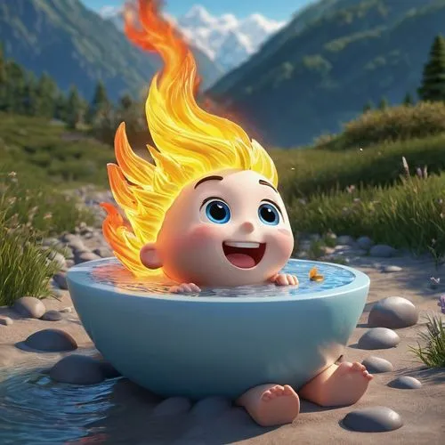 suncook,fire bowl,baby shampoo,fire and water,burning hair,fire background,shadrach,firestarter,pyromaniac,gnomeo,no water on fire,holika,firespin,lucus burns,cute cartoon character,heimerdinger,taking a bath,fire siren,babyfirsttv,kewpie,Unique,3D,3D Character