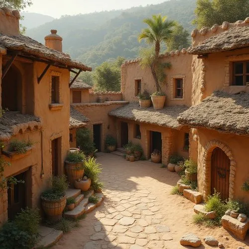 Rustic village setting, earthy tones, natural stone walls, wooden accents, thatched roofs, clay tiles, adobe structures, earth-sheltered homes, locally sourced materials, reclaimed wood, bamboo elemen