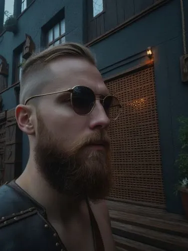 Show me as a strong-willed Viking warrior,a man with a full beard wearing glasses,olgierd,bjornsson,wolfenstein,blazkowicz,clinkenbeard,beardall,Photography,General,Fantasy