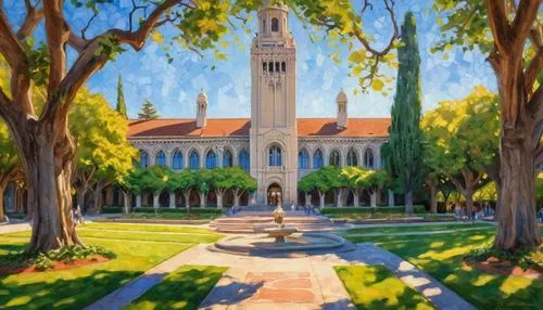 Berkeley University, Beaux-Arts style, Sather Tower, Campanile, Gothic Revival, Romanesque, Collegiate Gothic, grand entrance, stone walls, ornate details, stained glass windows, vaulted ceilings, ivy