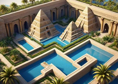 egyptian temple,amanresorts,persian architecture,dorne,3d rendering,islamic architectural,marble palace,pool house,morocco,roof landscape,swimming pool,yazd,luxury property,roof top pool,mansion,kashan,symmetrical,courtyard,3d render,labyrinths,Unique,3D,3D Character