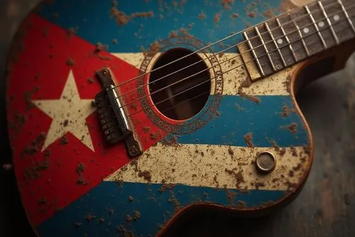 古巴国旗在一把古老的复古吉他上数字艺术,an old, worn out guitar painted with a flag of cuba,lone star,painted guitar,the guitar,lonestar,guitarra,epiphone