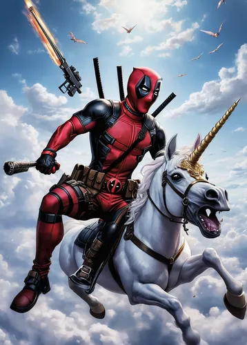 Picture Deadpool in a wild adventure, soaring through the skies on a unicorn while shooting his dual pistols.,deadpool,dead pool,sagittarius,daredevil,heroic fantasy,marvel comics,crossbones,jousting,