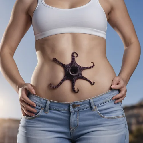 In the middle is a black hole, surrounded by octopus tentacles and suction cups facing upwards,navel,body piercing,stomach,fat loss,abdomen,fitness and figure competition,belly painting,women's health