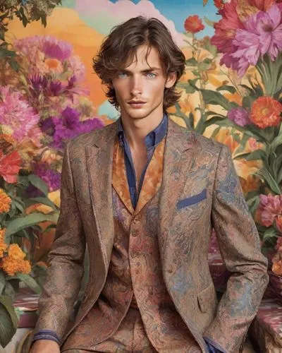 gardener,star-lord peter jason quill,men's suit,rhododendron,male model,imperial coat,bolero jacket,valentino,the garden marigold,beatenberg,frock coat,floral background,aristocrat,field of flowers,flower garden,secret garden of venus,floral pattern,persian poet,wedding suit,floral with cappuccino,Photography,Realistic