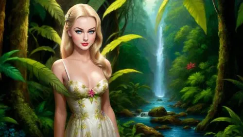 Romantic masterpiece oil painting, beautiful girl portrait, nostalgic 1950's style kitsch, vibrant rainforest landscape, lush tropical jungle paradise, beautiful natural scenery, lost wilderness, by T