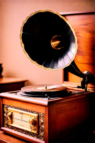 Vintage phonograph, nostalgic, old-fashioned, wooden cabinet, golden metal horn, spinning vinyl record, delicate needle, intricate carvings, warm lighting, shallow depth of field, soft focus, 3/4 comp