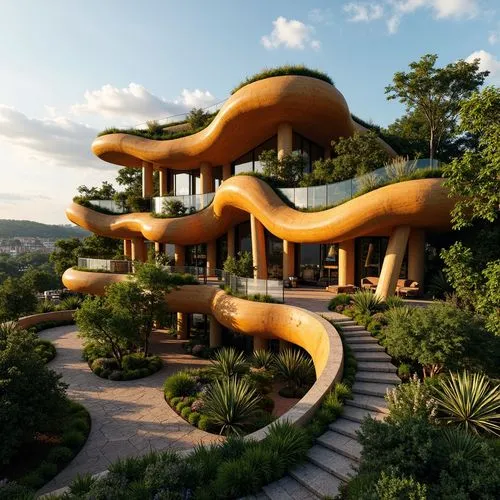 futuristic architecture,earthship,dunes house,mushroom landscape,futuristic landscape,dreamhouse,roof landscape,modern architecture,ecotopia,seidler,3d rendering,futuristic art museum,mid century modern,cubic house,bird kingdom,biomorphic,beautiful home,large home,treehouses,snake tree