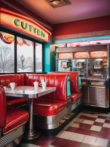 Retro diner, 50s style, vibrant colors, neon signs, stainless steel exterior, large windows, curved roofline, cozy interior, warm lighting, wooden booths, red leather seats, chrome edgings, checkered 