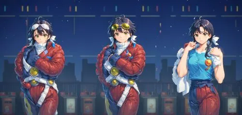 Ai Mikami character of Strikers 1945 arcade game, ,three female characters standing in front of a night sky,jianghua,kimonos,longmei,huanghua,mmd,kiriya,Anime,Anime,Realistic