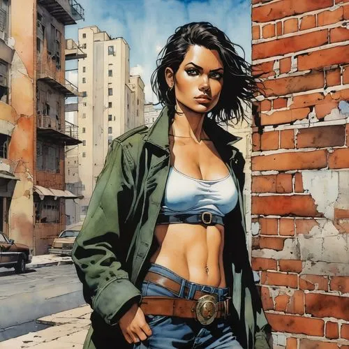 young confident female heroine, gritty cityscape, adult comic book style, Enki Bilal, aquaint etch, alcohol ink, watercolors, <lora:Alcohol Inks:1.0> masterful technique, gradient granite to brick, la