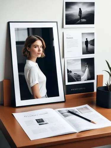 Create an elegant portfolio that showcases your best work.,a desk with books, pen, vase and pograph on it,mac pro and pro display xdr,blur office background,deskjet,blank photo frames,imacs,apple desk