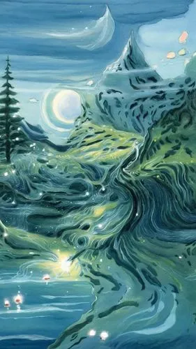 painting of mountains and water under cloudy skies,starry night,fantasy landscape,whirlwinds,landscape background,water waves,salt meadow landscape,Illustration,Realistic Fantasy,Realistic Fantasy 31