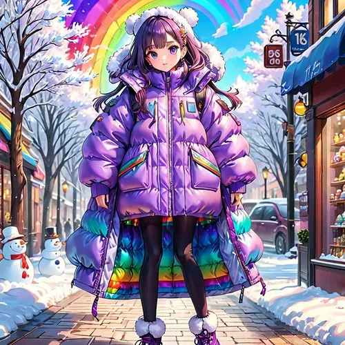 a girl have a purple puffy winter and the lining is rainbow on inside,a beautiful japanese anime girl wearing winter clothes in front of a rainbow arch,rainbow background,rainbow pattern,rainbow penci