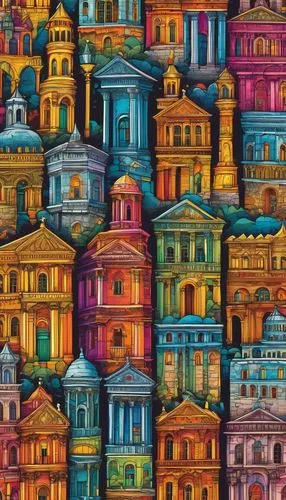 Colorful architecture stickers, various shapes, 3D designs, glossy finish, reflective surface, intricate details, ornate patterns, modern skyscraper, ancient Greek columns, medieval castle walls, vibr