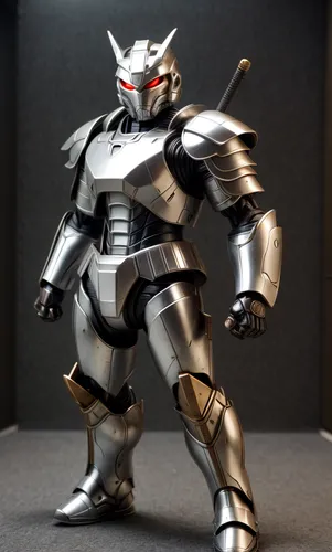 High definition, Silver samurai power armor, action pose,an action figure that appears to be wearing a silver suit,mechagodzilla,takanuva,ryuki,tetsujin,shadowhawk,makuta