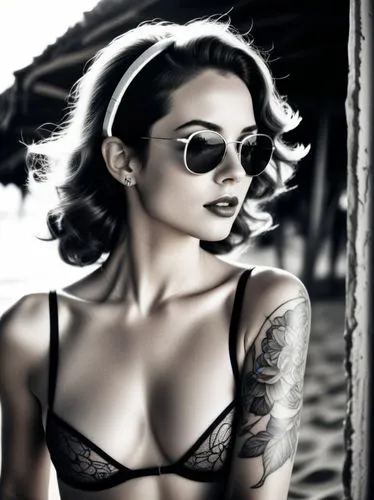 a woman in black lingerie and sunglasses,tattoo girl,retro pin up girl,pin up girl,retro pin up girls,pin ups,retro woman