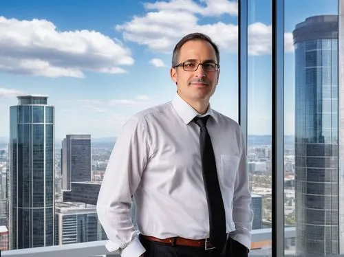 Modern software architect, mature man, (40yo), glasses, short brown hair, formal wear, white shirt, black tie, standing, office building, cityscape, daytime, clear sky, subtle cloud, panoramic view, 3