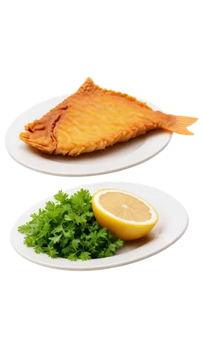 Golden fried fish, crispy skin, juicy flesh, plate garnished with parsley, lemon slice on side, white porcelain plate, shallow depth of field, warm lighting, soft focus, close-up composition, appetizi