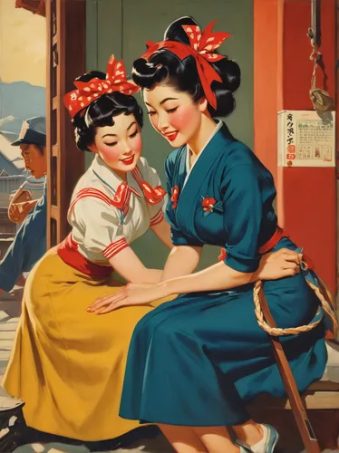 vintage asian,vintage girls,vintage art,china massage therapy,oriental painting,vintage women,retro women,beauty salon,1940 women,japanese culture,pin-up girls,hairdresser,vintage illustration,chinese art,geisha,vintage 1950s,dongfang meiren,retro pin up girls,korean culture,housework,Illustration,Retro,Retro 10