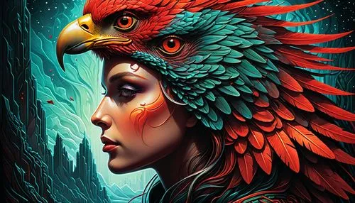 a painting of a woman with a bird on her head, digital art, by tomasz alen kopera, peter gric and dan mumford, with the beak of an eagle, artwork of a phoenix, bird head, greg beeple, vision, beeple a