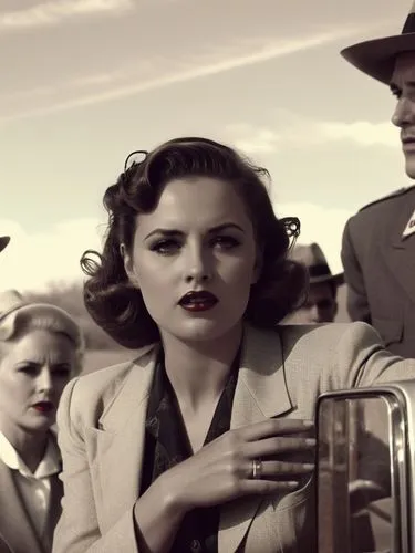 Historical scene in Texas,an older model holding onto a bag and another man standing in front,pleasantville,vintage man and woman,1940 women,retro women,vintage women,buick eight,Photography,Black and