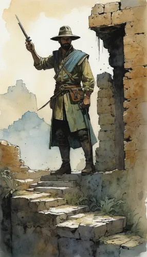 the wanderer,quarterstaff,fiddler,pilgrim,guards of the canyon,wanderer,pilgrims,adventurer,game illustration,wander,blacksmith,scythe,watercolor sketch,ranger,lone warrior,nomads,nomad,merchant,bricklayer,pilgrimage,Illustration,Paper based,Paper Based 05