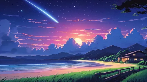 meteor shower,landscape background,meteor,shooting star,night sky,meteor rideau,shooting stars,the night sky,futuristic landscape,night scene,earth rise,fantasy landscape,nightsky,starry sky,cartoon video game background,evening atmosphere,star sky,space art,nightscape,tobacco the last starry sky,Illustration,Japanese style,Japanese Style 05