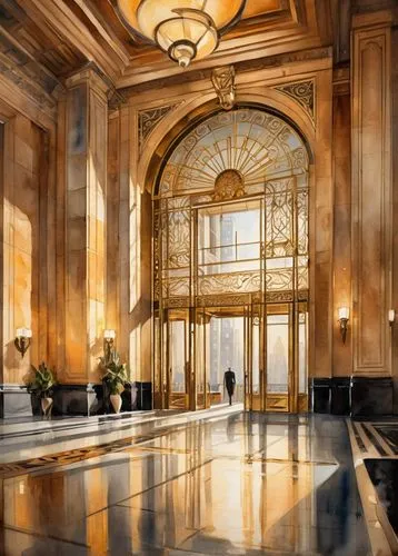 foyer,lobby,entrance hall,art deco background,hallway,ballroom,art deco,enfilade,marble palace,hotel lobby,entranceway,intercontinental,corridor,hotel hall,hallway space,entryway,amanresorts,cochere,entranceways,elevators,Illustration,Paper based,Paper Based 24