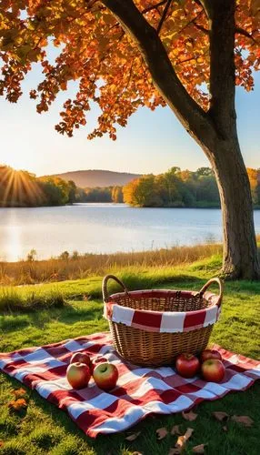 picnic basket,autumn background,picnic,picnicking,red tablecloth,fall landscape,Photography,General,Realistic