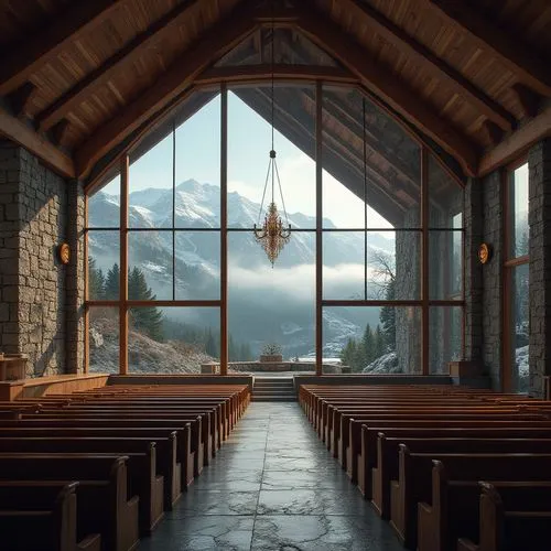 Mountainous auditorium, vernacular architecture, rustic stone walls, wooden roof trusses, large glass windows, snow-capped mountains in background, misty fog rolling down, evergreen trees surrounding,