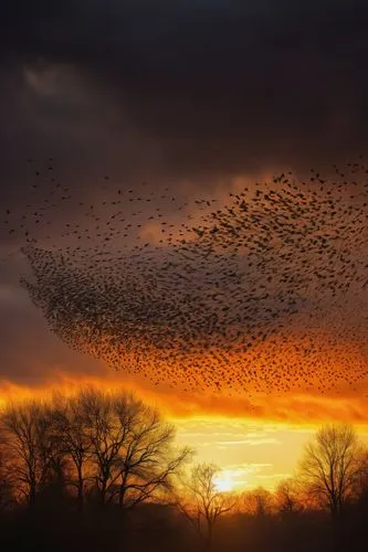 Swirling birds, flock of starlings, dramatic sky, dark clouds, golden hour, sunset, orange hues, fast motion, blurred wings, sharp feathers, detailed eyes, beaks open, morning mist, forest trees, bran