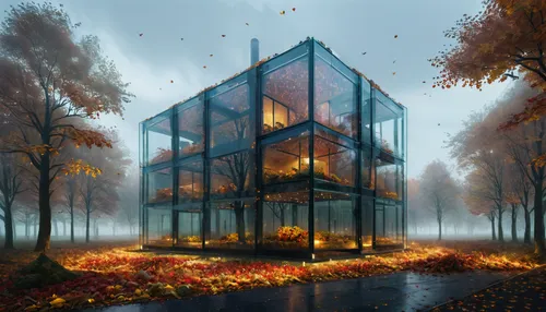 Futuristic architectural farming glass building,  super realistic architectural rendering, autumn scene, falling leaves, dusk overcast cloudy sky, leaves on ground,  warm interior lights, atmospheric 