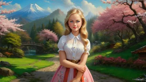 fantasy picture,japanese sakura background,landscape background,springtime background,fairy tale character,fantasy art,spring background,alice in wonderland,world digital painting,eilonwy,sakura background,fairyland,art painting,the cherry blossoms,wonderland,aerith,fantasy portrait,3d fantasy,photo painting,creative background