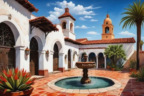 spanish tile,tlaquepaque,santa barbara,hacienda,church painting,courtyards,mosques,roof landscape,cloistered,zona colonial,courtyard,townscapes,lafuente,mizner,terracotta tiles,dorne,ajijic,avernum,sdsu,beautiful buildings,Illustration,Realistic Fantasy,Realistic Fantasy 34