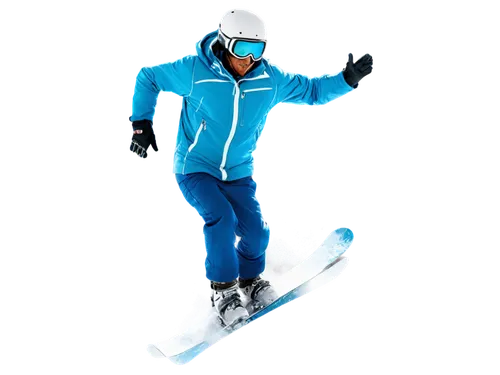 Skiing scene, snowy mountain, winter sport, athletic man, 25-30yo, muscular arms, bright blue ski jacket, white helmet, goggles, snowboard, dynamic pose, jumping in air, morning sunlight, soft focus, 