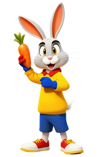 Cartoon character, Bugs Bunny, solo, funny facial expression, big brown eyes, yellow fur, white gloves, red sneakers, standing, leaning forward, holding a carrot, comedic pose, colorful background, so