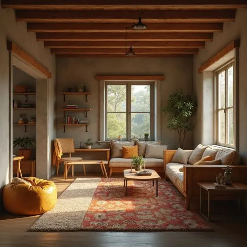 Cozy dormitory, warm wooden accents, soft plush carpets, rustic stone walls, industrial metal beams, modern minimalist furniture, sleek glass tables, natural woven textiles, earthy color palette, ambi